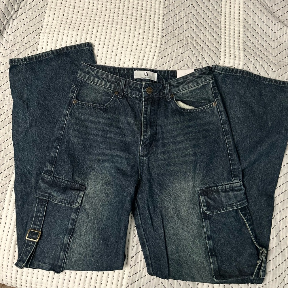 Dark Blue Flare Jeans with Cargo Pockets
